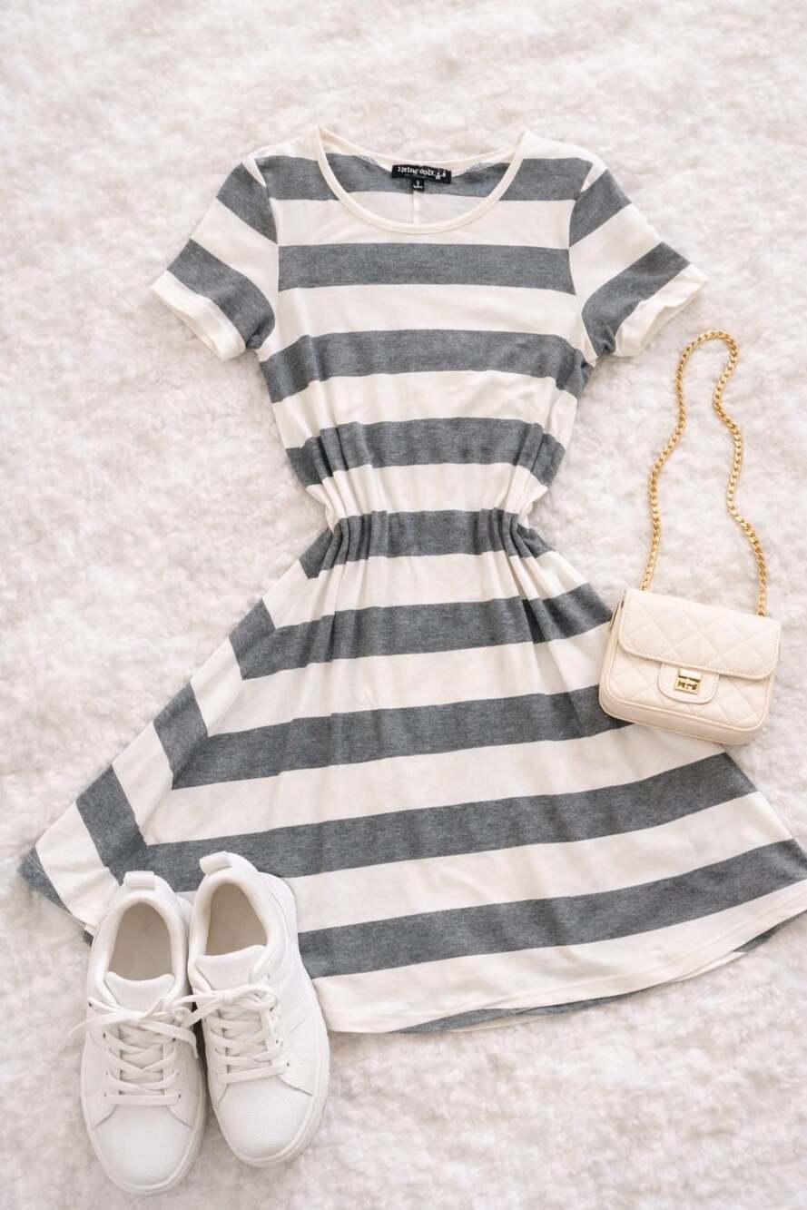 Living Doll Striped Skater Dress Gray White Fit Flare Casual S